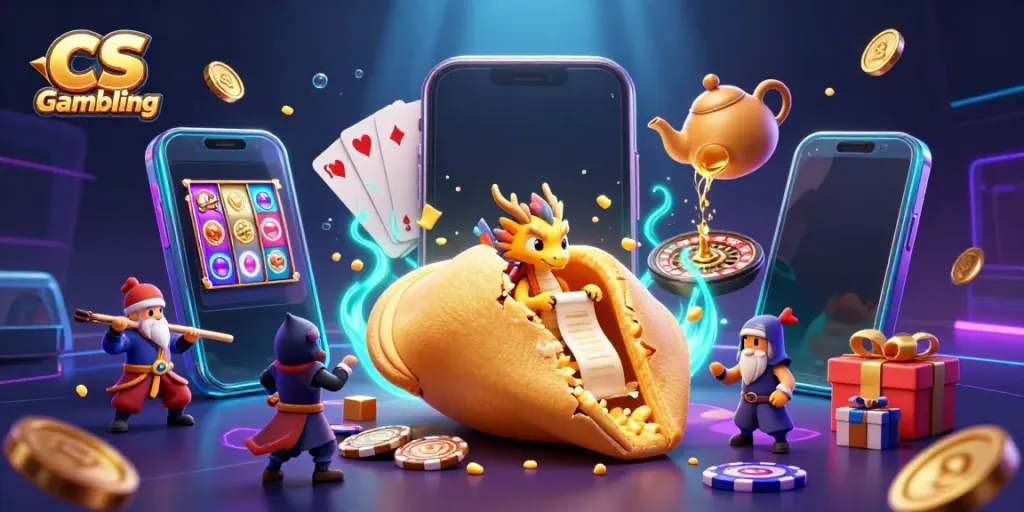 Engage in CS Gambling with vibrant visuals of a casino scene featuring spinning slot games and golden treasures.