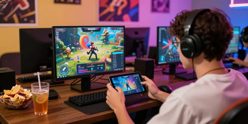Engaged player enjoying ORION88 mobile gaming experience in vibrant setting.