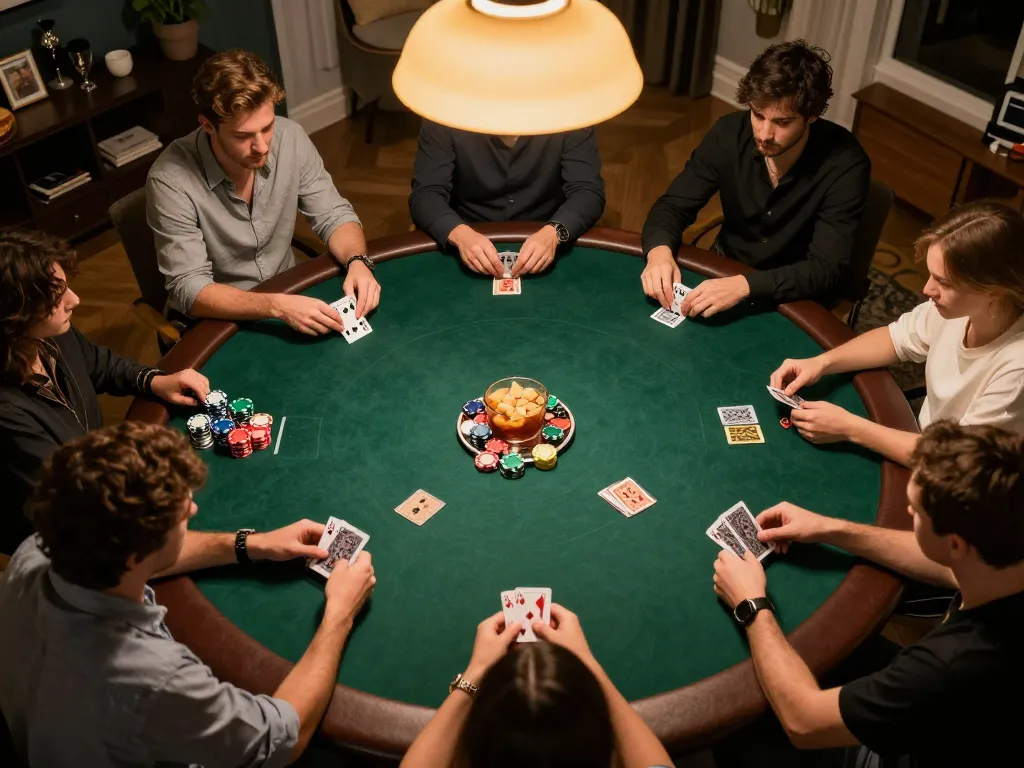 Home poker night showcasing friends engaged around a table, highlighting nhà cái uy tín through strategic gameplay.