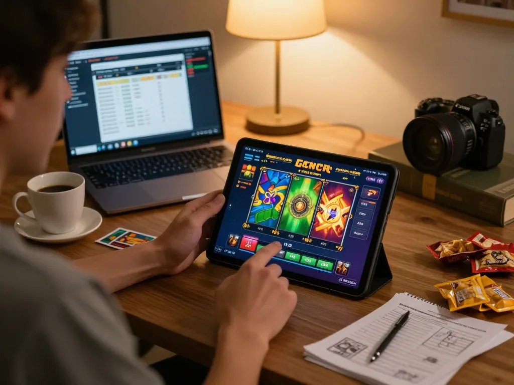 Player engaged in a slot gacor game on tablet, cozy room with warm lighting, illustrating strategic online gambling.
