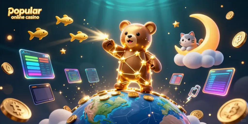 Engage with the popular online casino featuring a golden-starry bear scooping coins in a vibrant 3D scene.