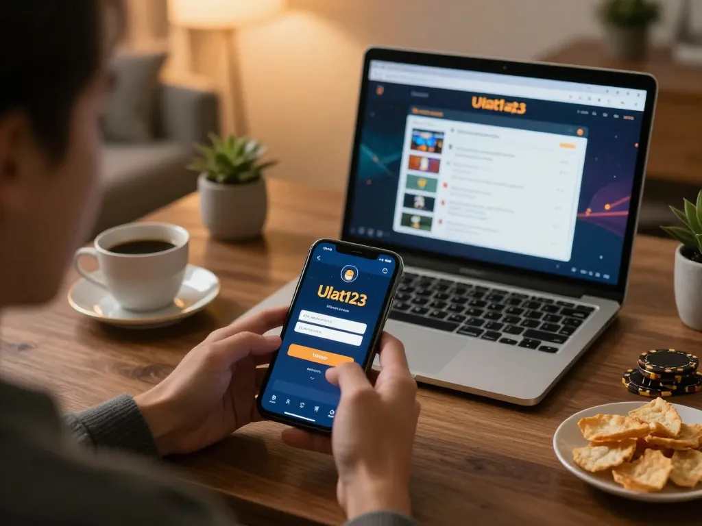 Pemain menikmati Ulat123 login di smartphone sambil terlibat dalam permainan kasino online yang strategis di rumah