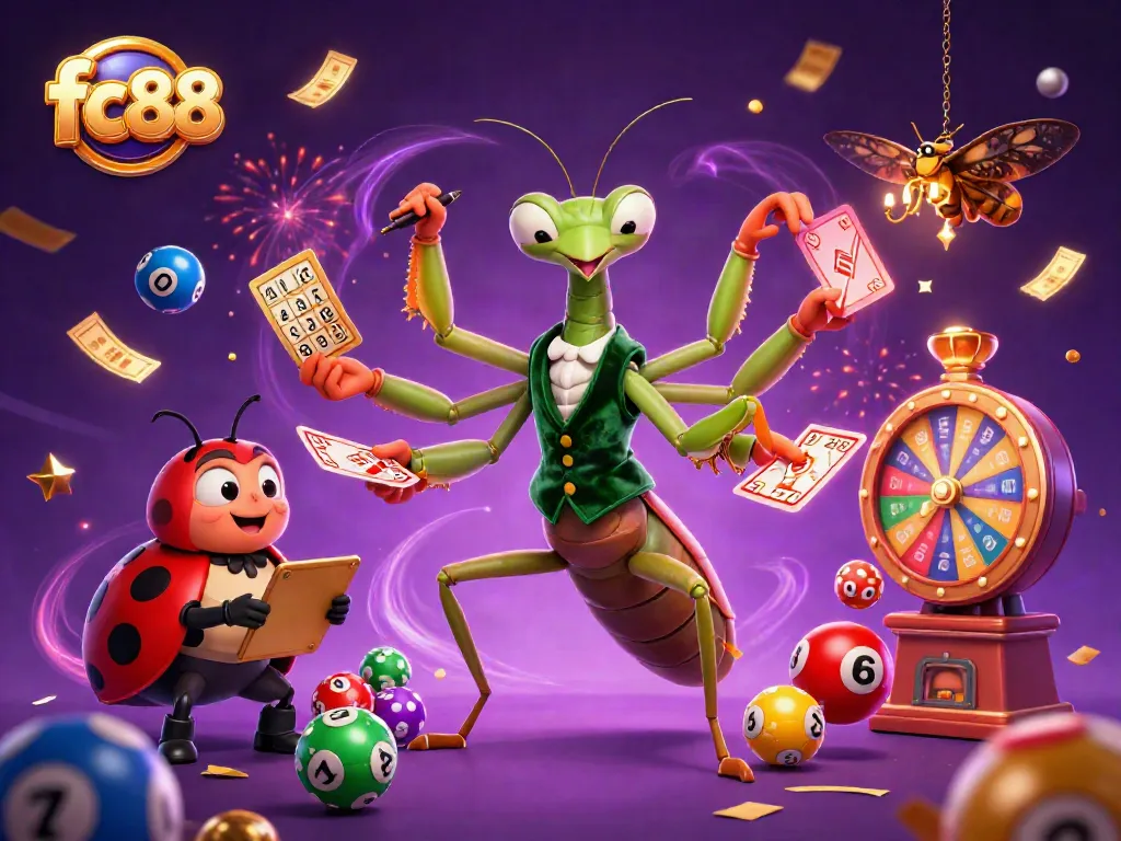Join the excitement at fc88 with a cartoon mantis dealer and a ladybug pit boss in a vibrant casino scene.