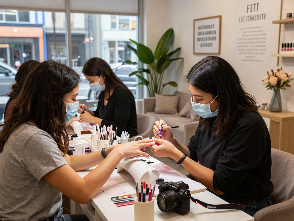 Clients enjoying a manicure in a chic nail salon with vibrant slot colors and stylish decor.