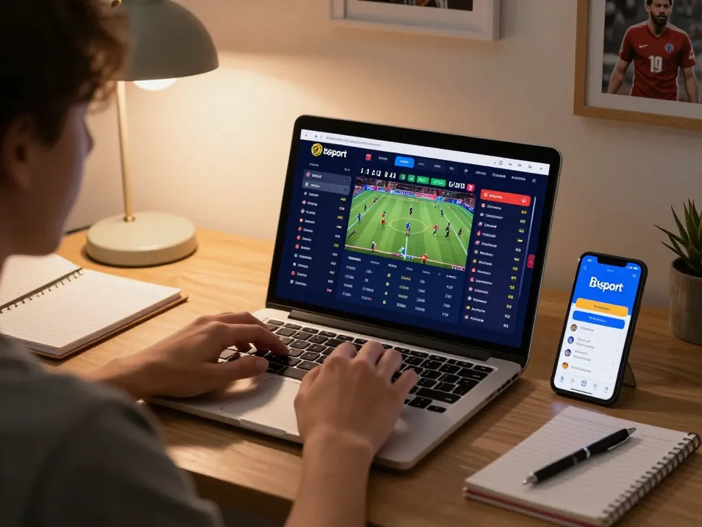 Engaging in sports betting with Bsport app on laptop while focused on live odds.