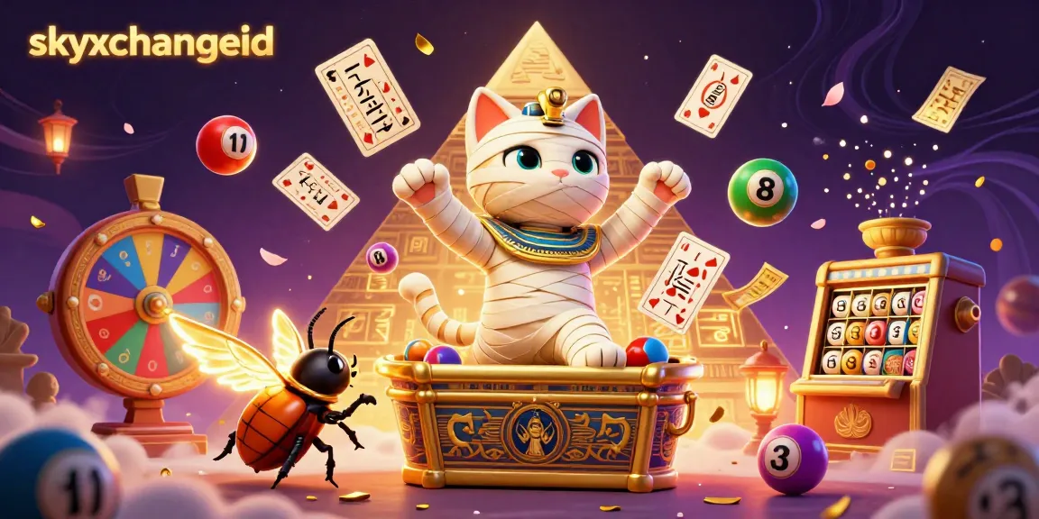 Experience thrilling gaming with skyxchangeid in this vibrant Egyptian casino scene featuring a mummy cat and a scarab beetle.