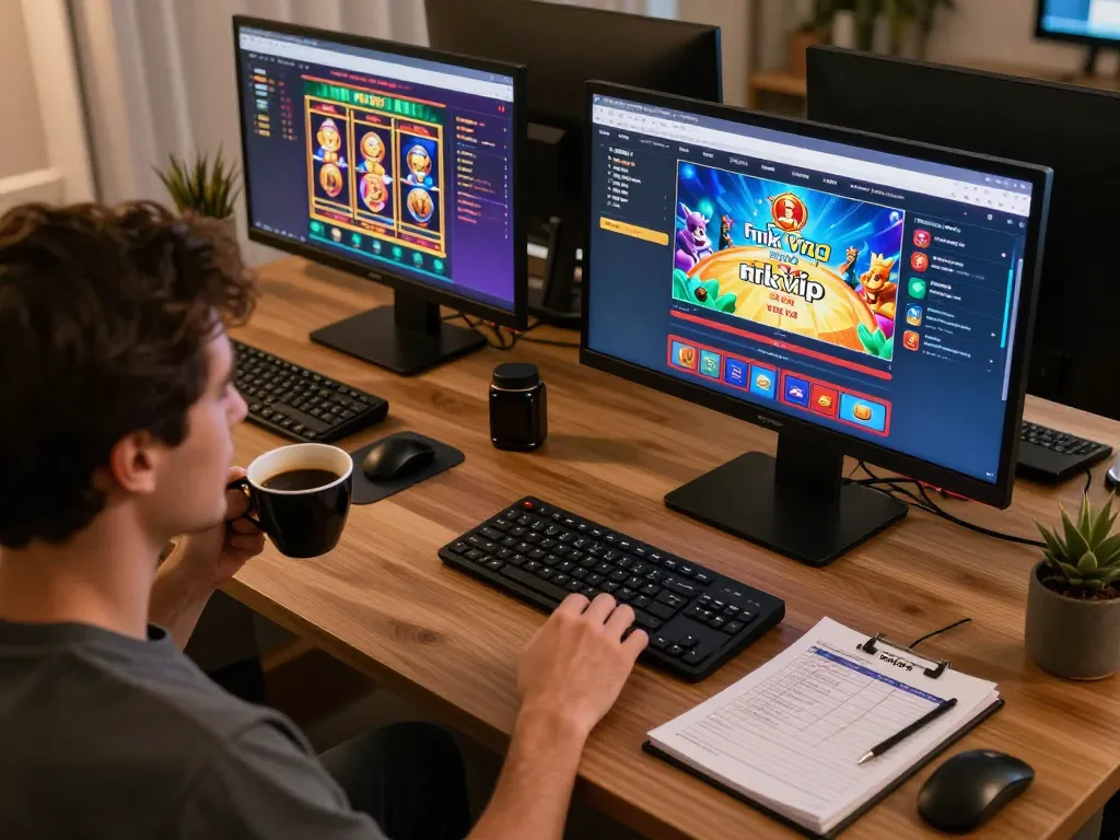 Player enjoying rik vip online casino, showcasing engaging gameplay and strategic planning in a cozy home setting