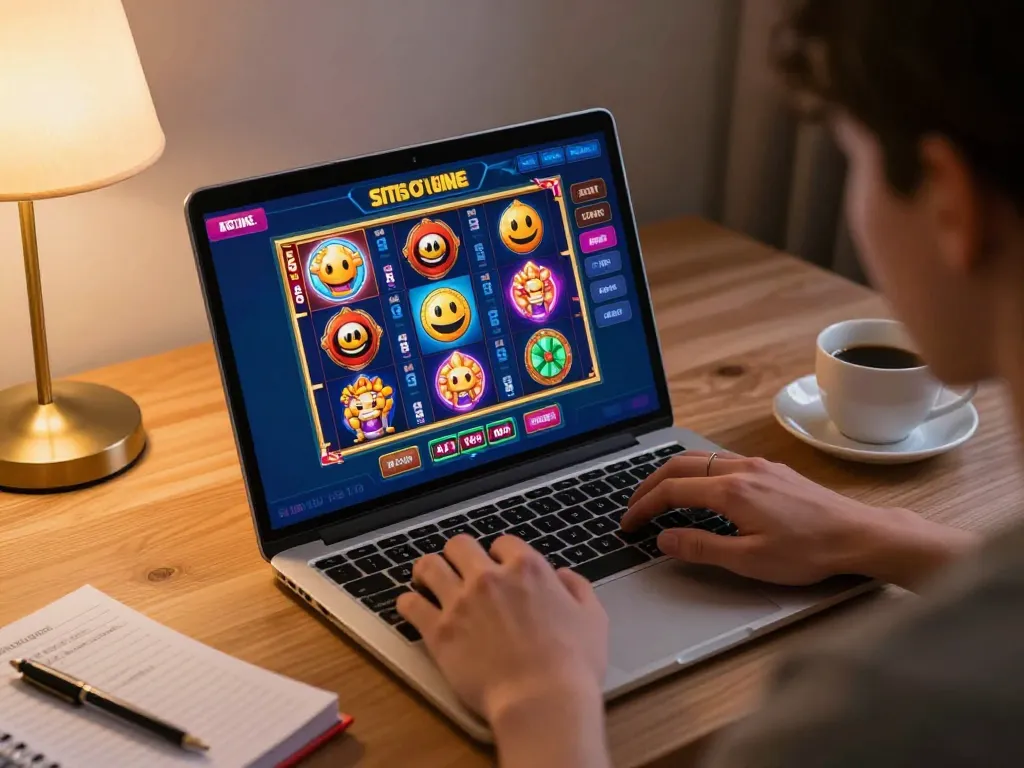 Bergabung dengan antarmuka permainan situs slot online di rumah, menampilkan gameplay slot yang cerah.
