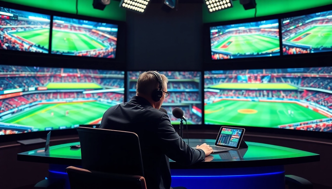 Dynamic sports broadcasting studio showcasing live sports feeds and a professional commentator.