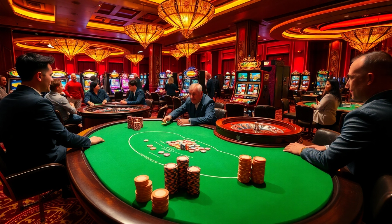 Experience Nc88's thrilling casino action with players engaged at poker tables and vibrant slot machines.