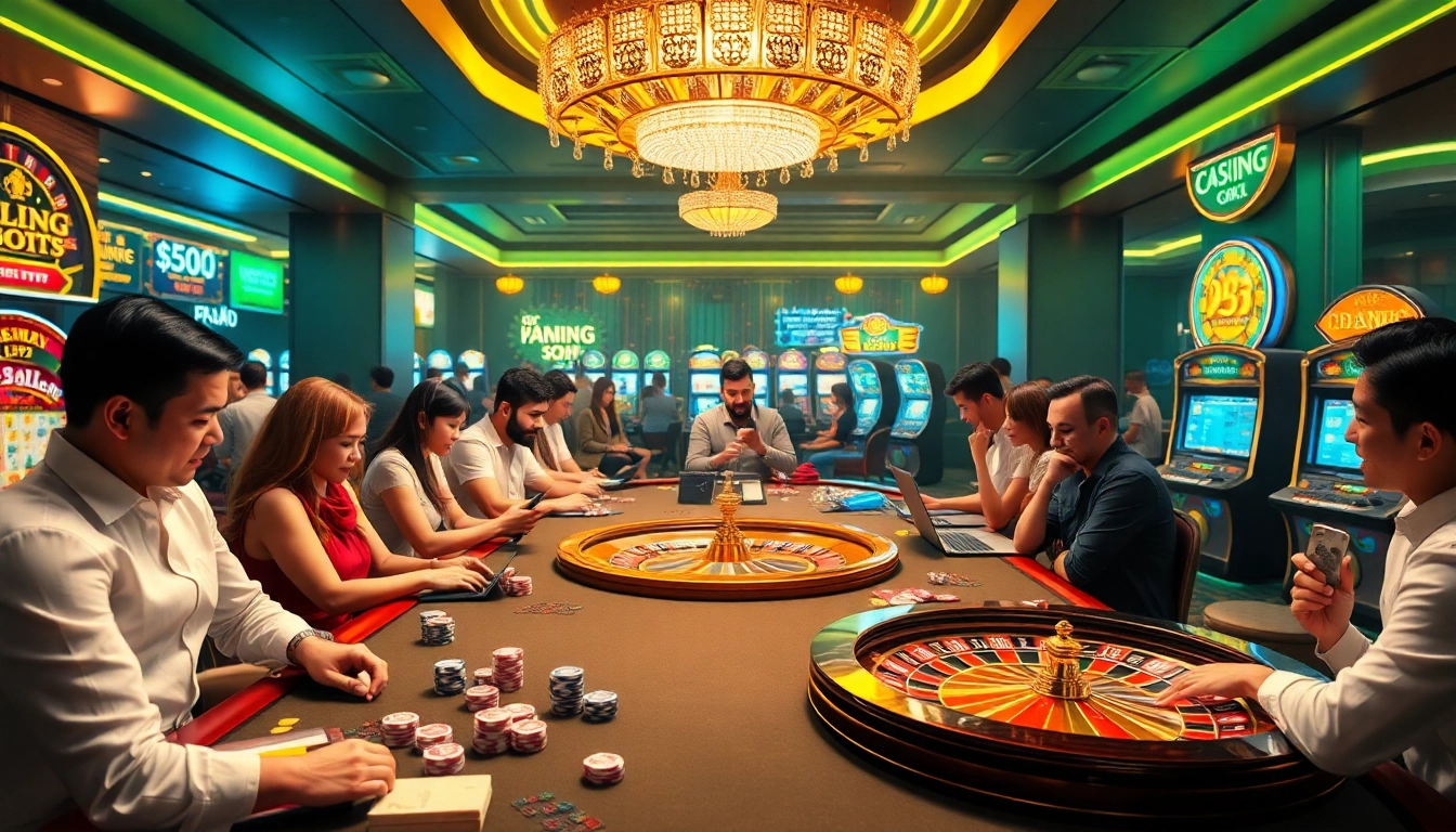 Scene depicting players enjoying vibrant casino games at 98win58, enhanced by roulette wheels and poker chips.