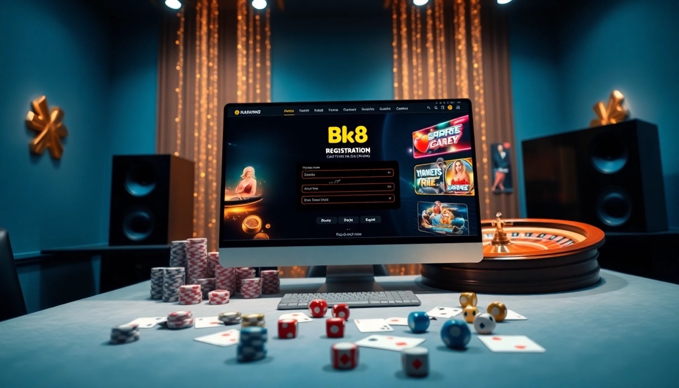 Register for สมัครสมาชิก bk8 on a luxurious online casino interface with vibrant gaming elements.
