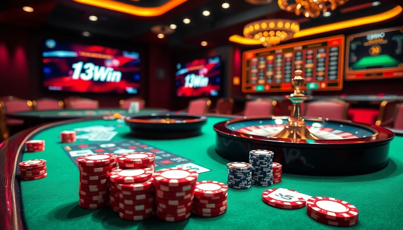 Experience the thrill of gaming with 13Win's vibrant casino table and luxurious betting ambiance.