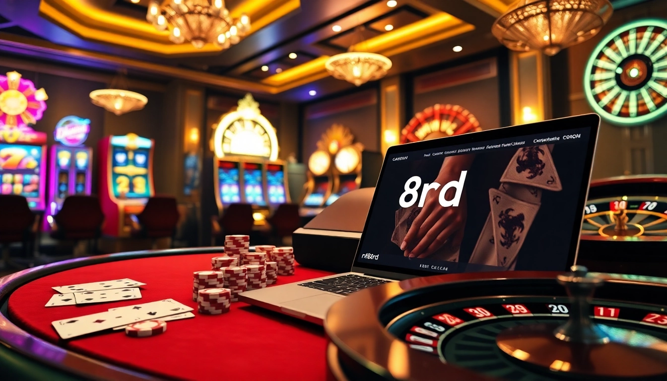 Experience thrilling games at https://rr88rd.com/ with vibrant slot machines, poker chips, and a roulette wheel.