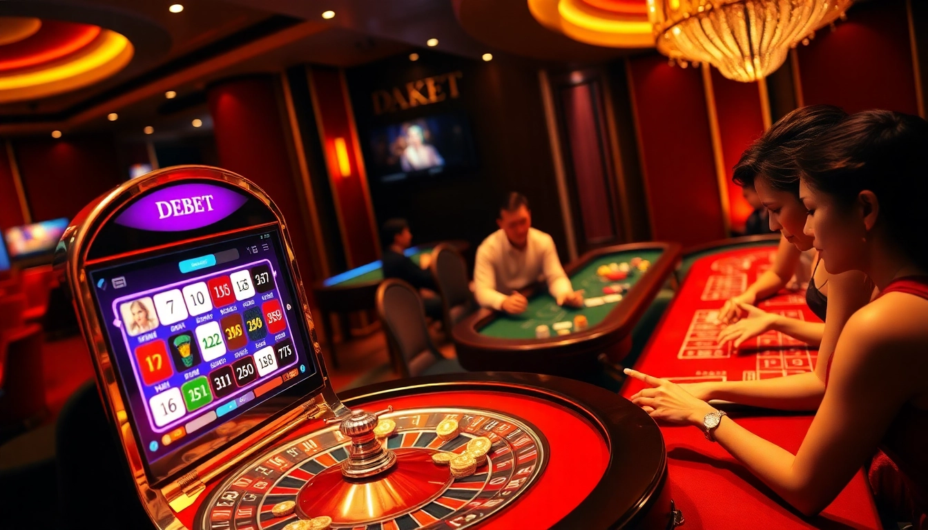 Vibrant scene of DEBET's online gambling interface with players enjoying high-stakes games.
