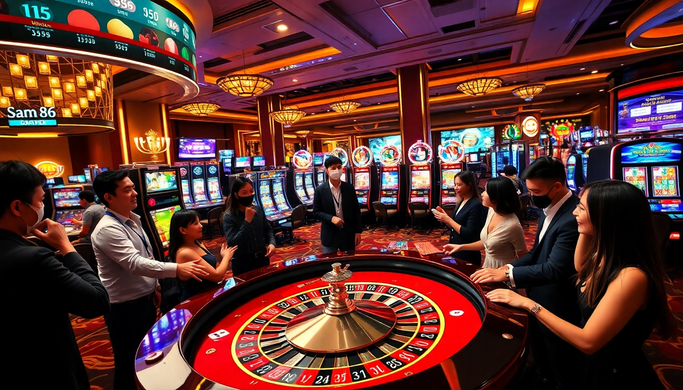 Players enjoying high-stakes gambling at Sam86 casino, surrounded by vibrant slot machines.
