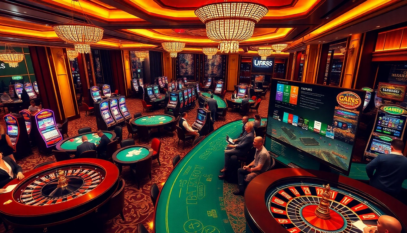 Players enjoying their favorite games at https://urr88.com/ casino, displaying vibrant slot machines and poker tables.