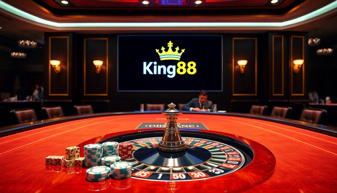 King88 logo featured in an engaging casino scene with players, chips, and a roulette wheel showcasing luxury.