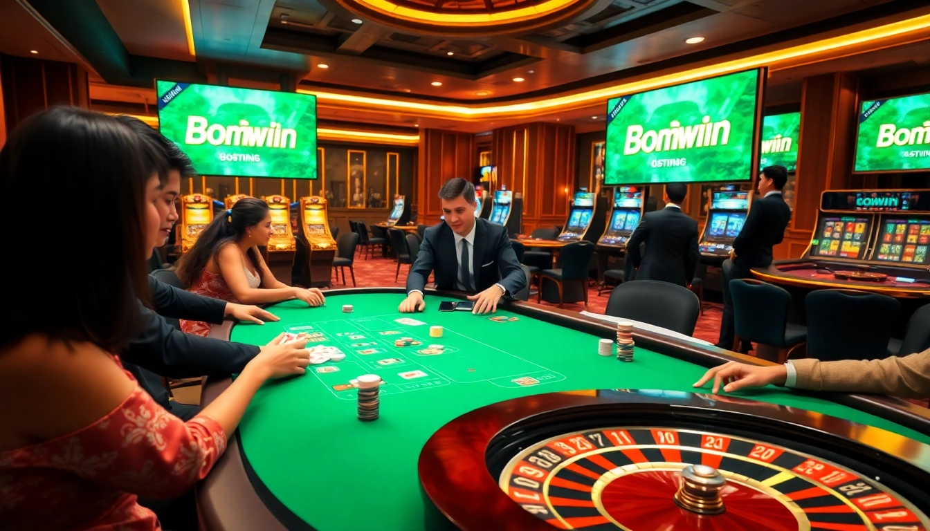 Players enjoying a Bomwin-themed casino table with poker chips and cards.