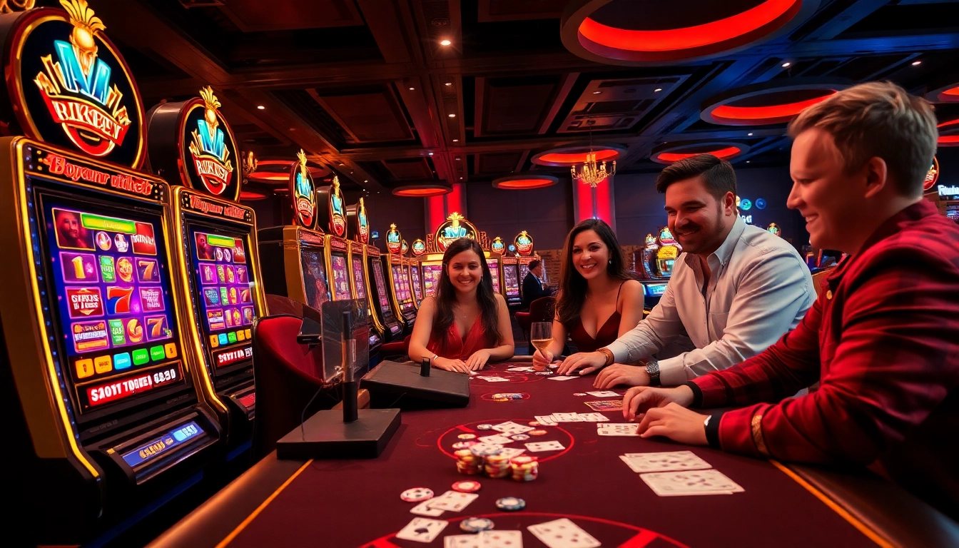 Nổ hũ rikbet gaming experience at a vibrant casino table with colorful slot machines.
