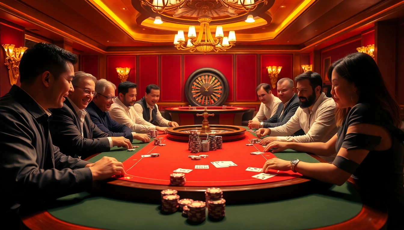 Engaging scene of players at a table in nhà cái i8bet.com casino excitement with poker chips and cards.