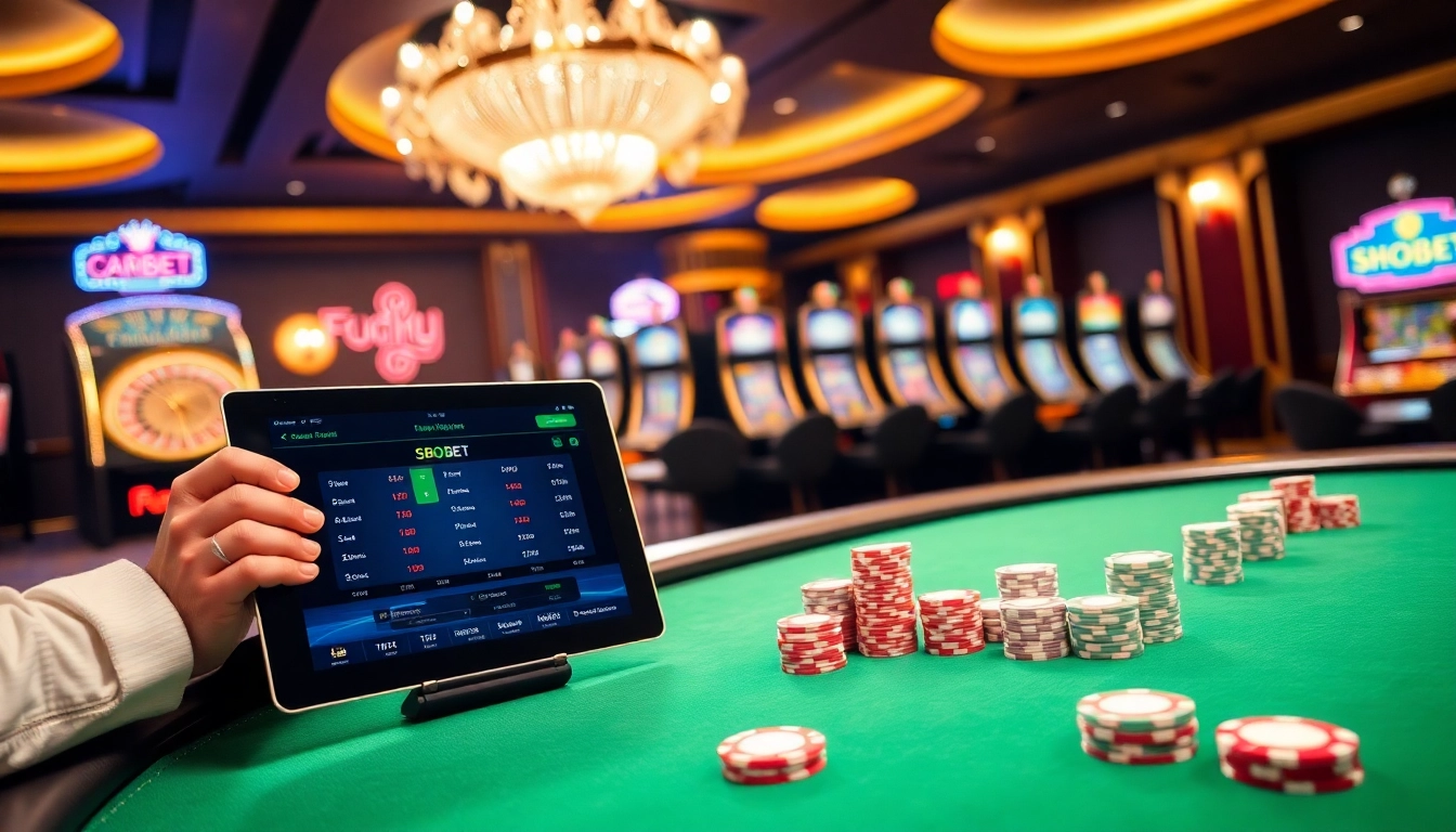 SBOBET online betting excitement captured at a luxurious casino table with colorful poker chips and a roulette wheel.