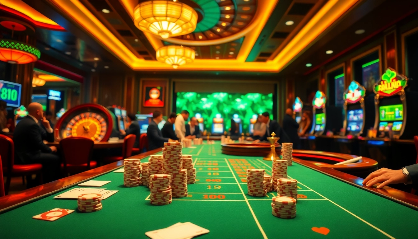 The vibrant casino scene at https://s8hn.com/ showcases a lively gambling table, illuminated slot machines, and exciting poker gameplay.