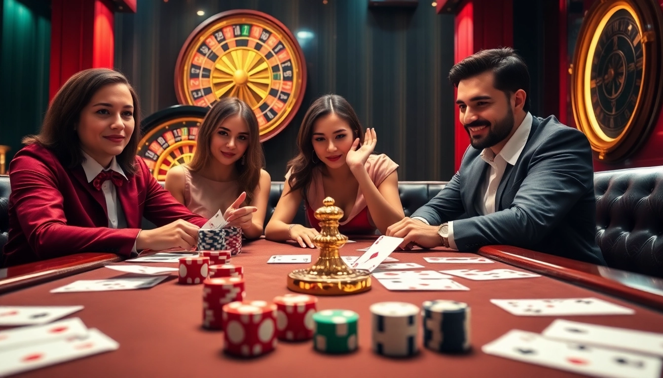 Players enjoying thrilling games at Cổng game HITCLUB with vibrant casino elements.