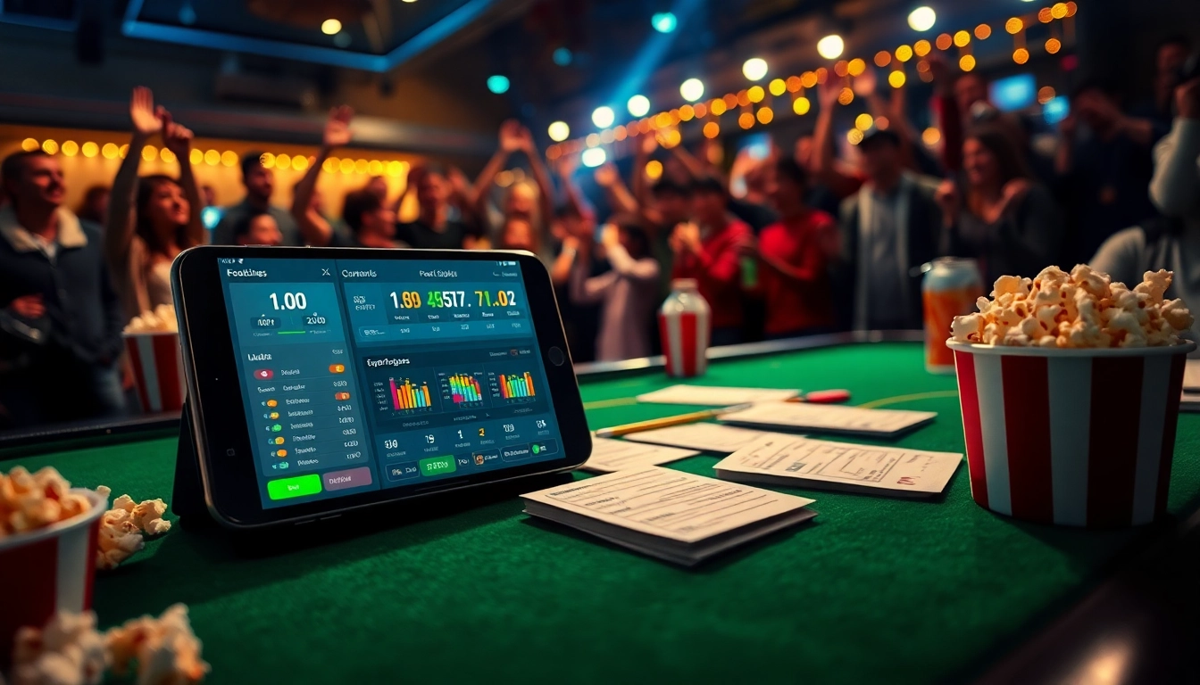 Engaging visual of แทงบอลโลก betting scene showcasing smartphone interfaces and vibrant sports betting dynamics.