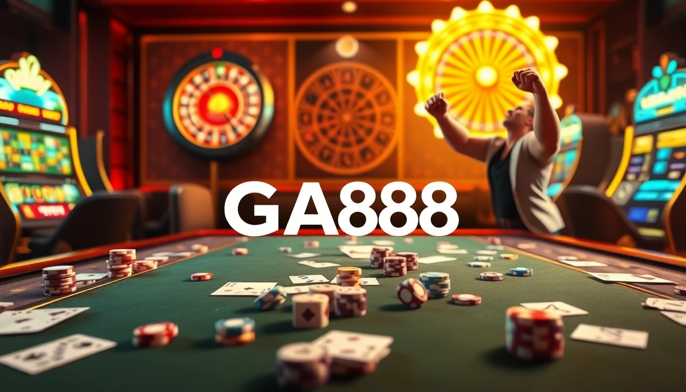 GA888 gamers enjoying an exciting win at a lavish casino table with cards and chips.