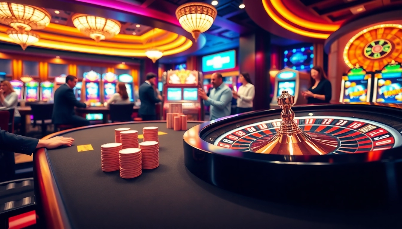 Exciting casino scene at Xin88 with players enjoying roulette and poker games.