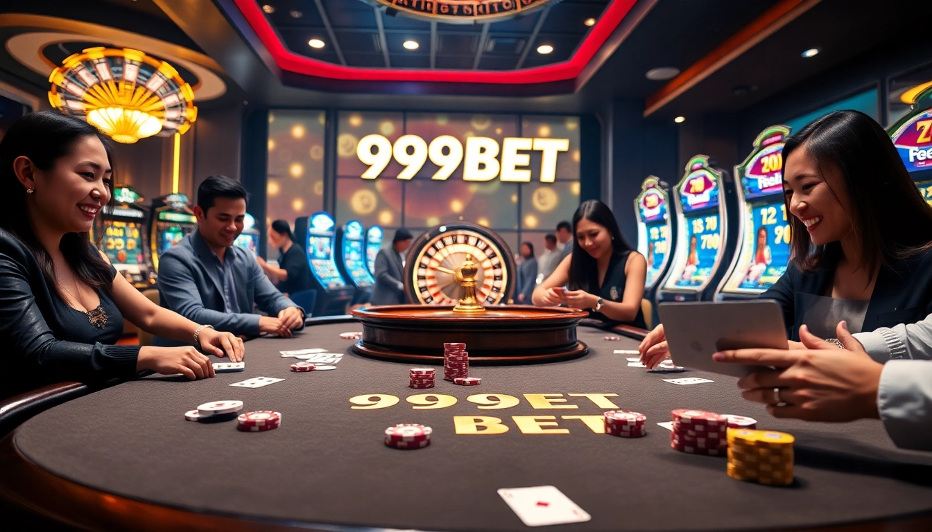 Players enjoying a thrilling game at the luxurious 999BET casino table with vibrant poker chips and cards.