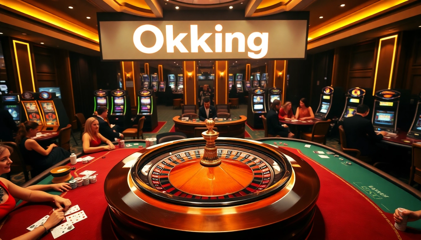 Experience the thrill of gambling at Okking, showcased with a vibrant casino scene featuring roulette and poker.