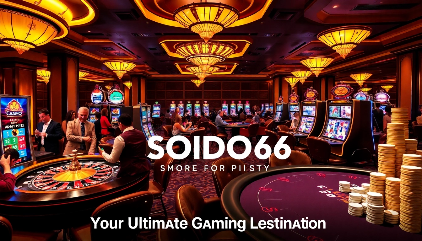 SODO66 players celebrate wins at a vibrant casino gaming floor with roulette, slots, and poker.