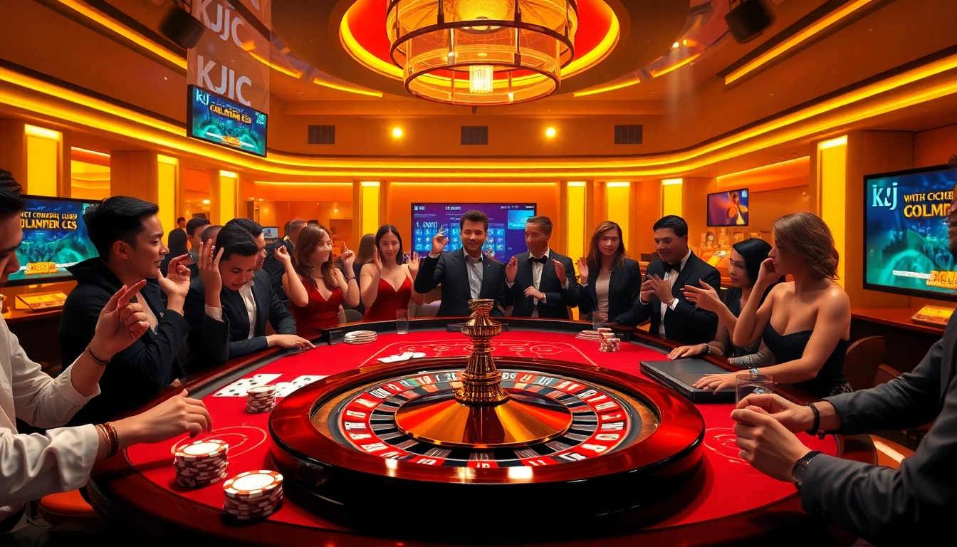 KJC LGBT players engaging in a thrilling casino game with vibrant poker chips and illuminated roulette wheel.