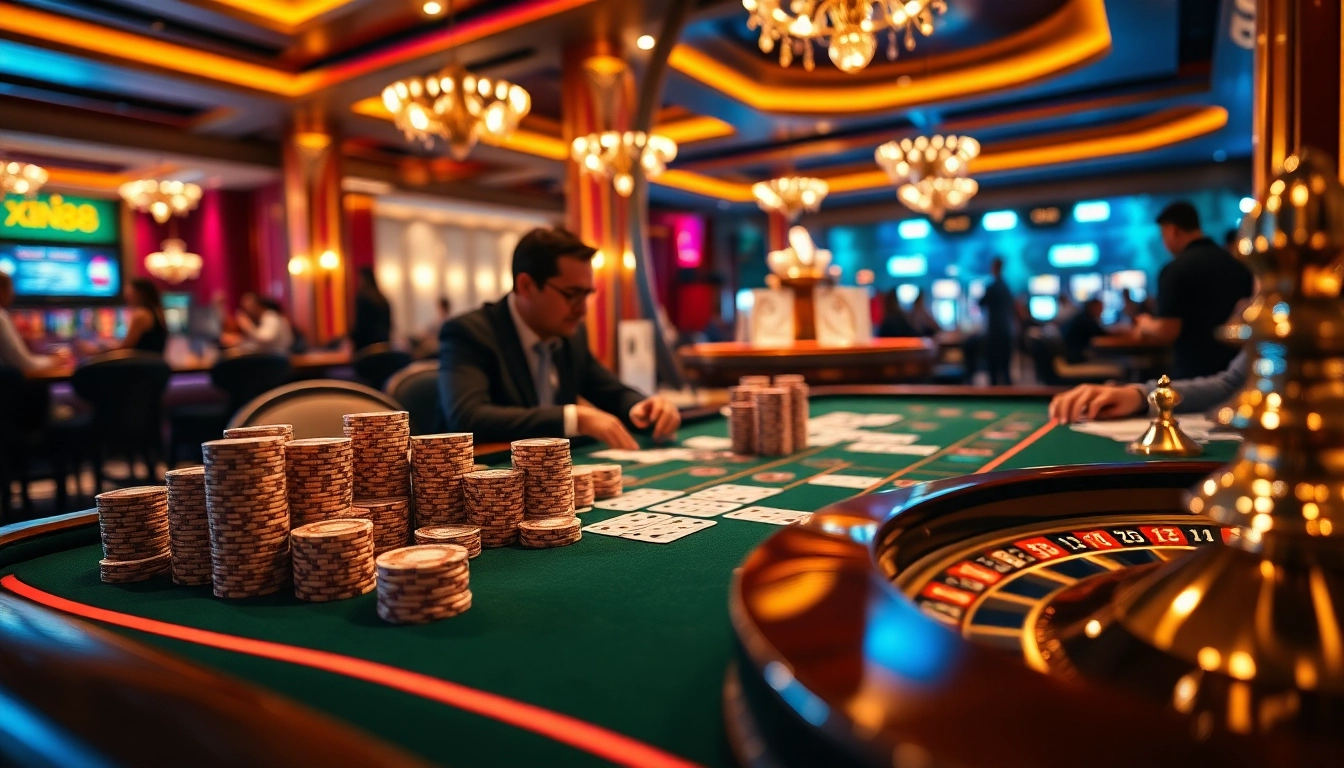 Exciting gaming atmosphere on Trang Chủ XIN88 highlighting poker players, chips, and a roulette wheel.
