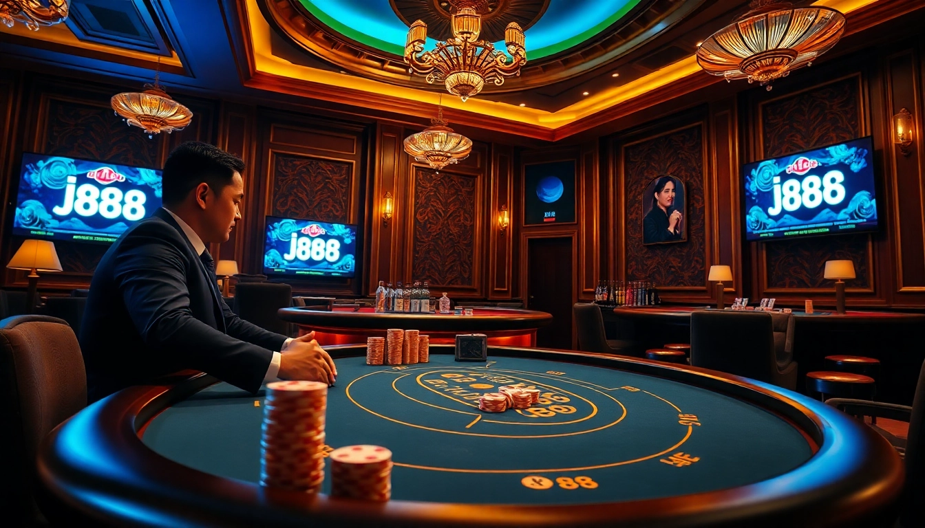 Players enjoying a thrilling game at the j88 casino table surrounded by vibrant chips and cards.