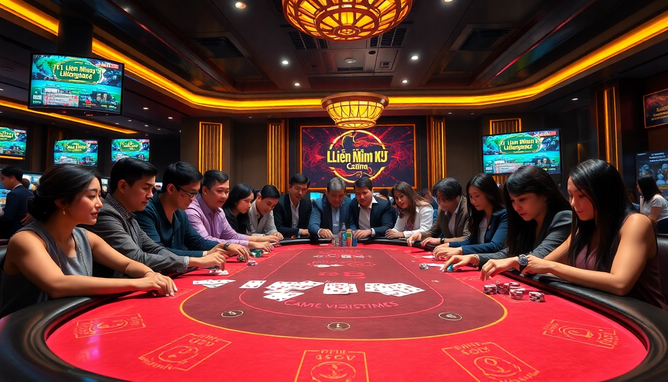 Players engaging in an exciting game surrounded by luxury, showcasing Liên Minh KJC's vibrant casino atmosphere.