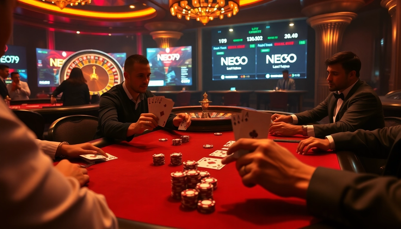 Players engaging at a vibrant NEO79 poker table with luxury chips and cards.