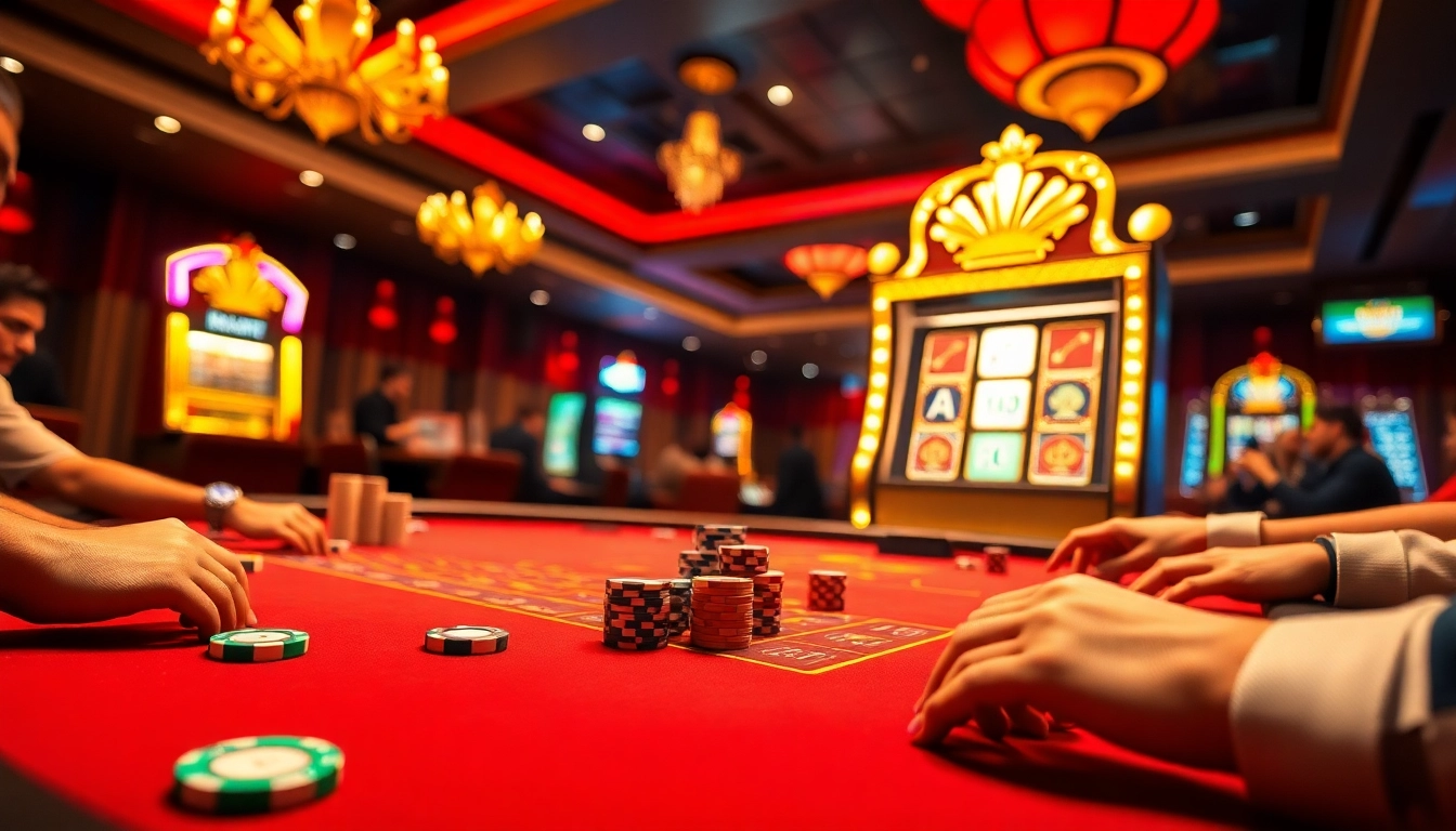 Exciting gaming scene with "Khuyến mãi hoàn tiền cược GA888" highlighting vibrant casino tables and players.