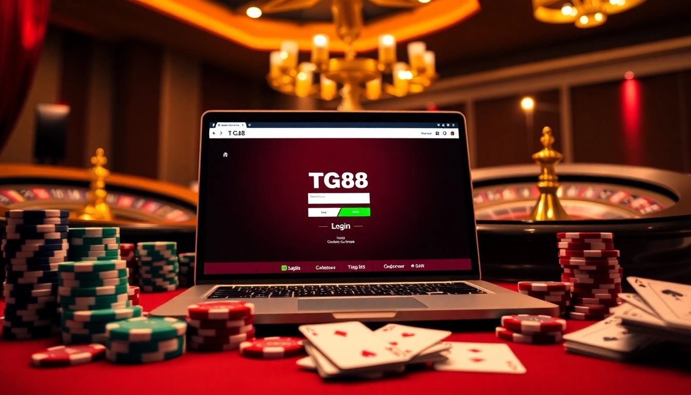 Login to tg88 đăng nhập on an exciting online gambling interface with poker chips and cards.