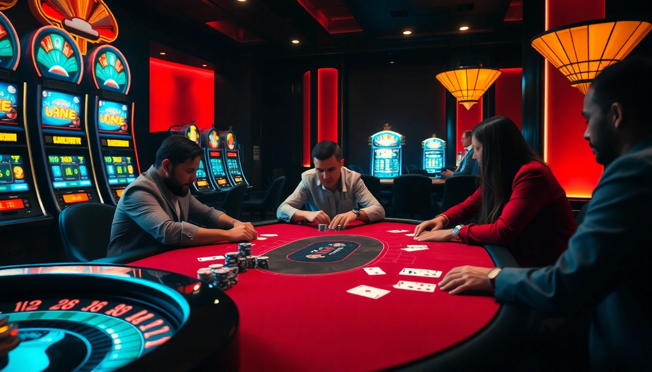 Experience the thrilling atmosphere of 8DAY with a high-stakes poker table and vibrant casino lights.