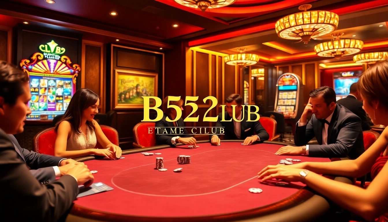 Players strategize at the B52 CLUB poker table, immersed in an exhilarating casino atmosphere.