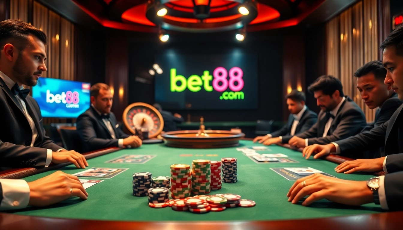 Exciting poker game at bet88 com casino with colorful chips and intense players.