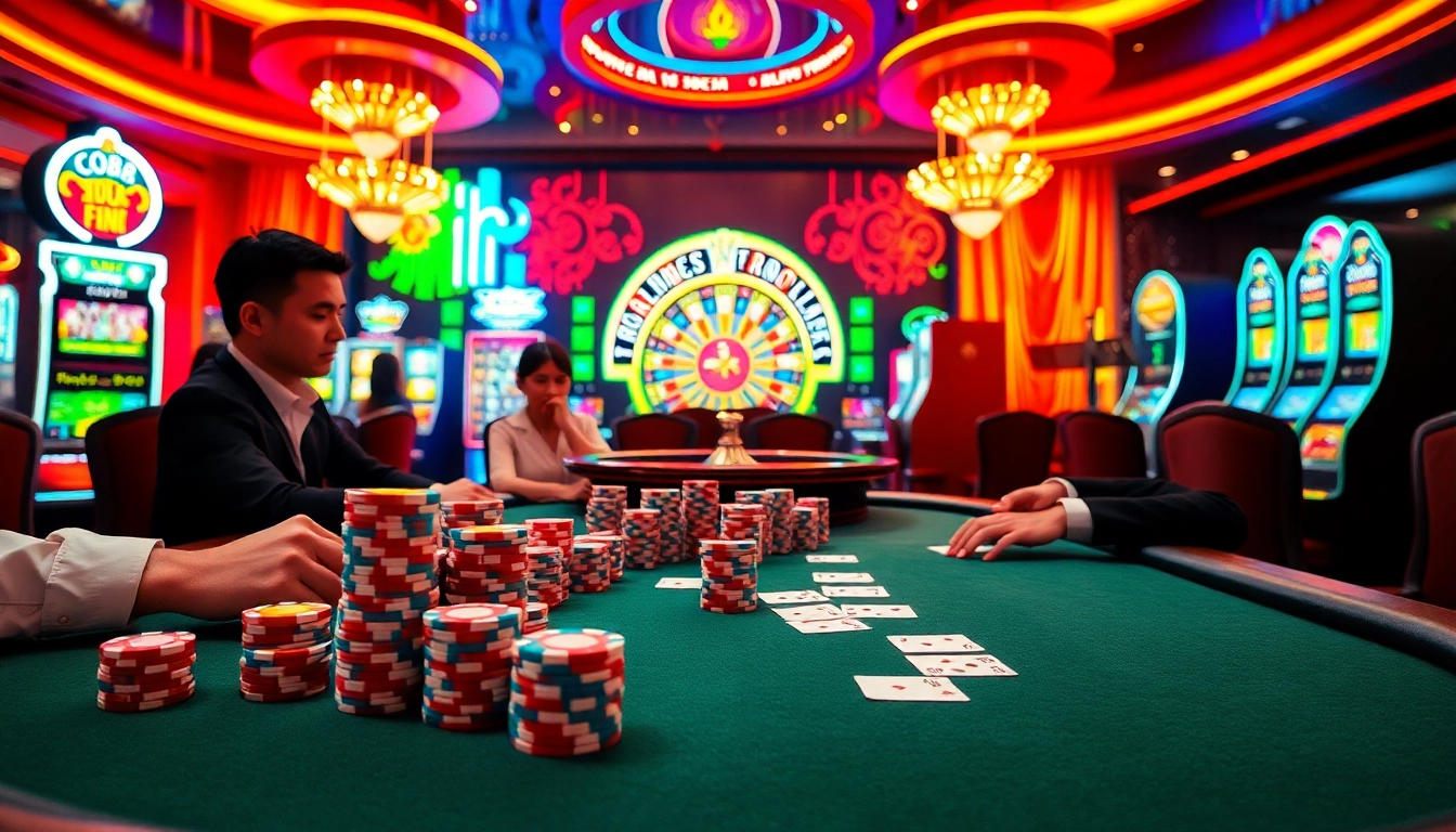 Excited players at a poker table featuring co88 poker chips and colorful cards in a vibrant casino setting.