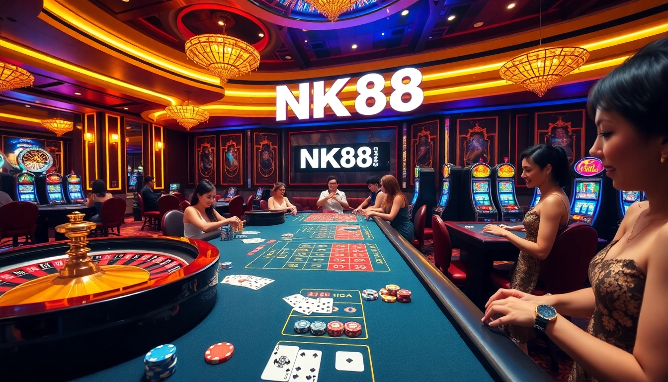 Players enjoy exciting casino games at NK88, with vibrant tables and glowing lights.