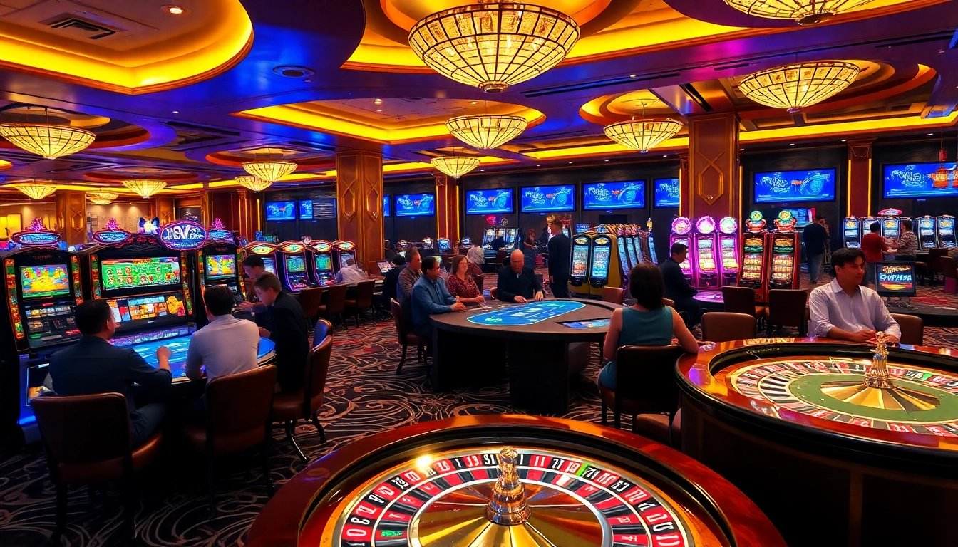 Players engaging at nhà cái sx88, showcasing a vibrant casino atmosphere with roulette and poker tables.