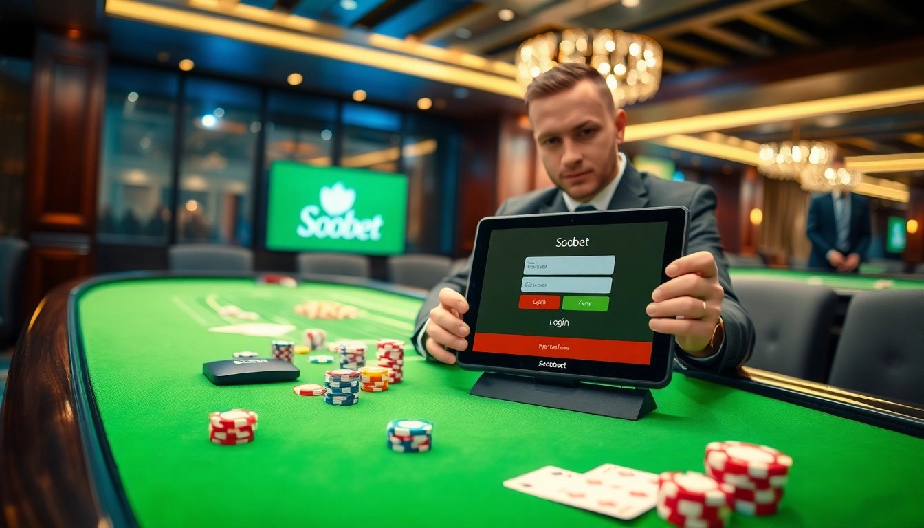 Experience sbobet login as players engage in high-stake online betting at a vibrant casino table.