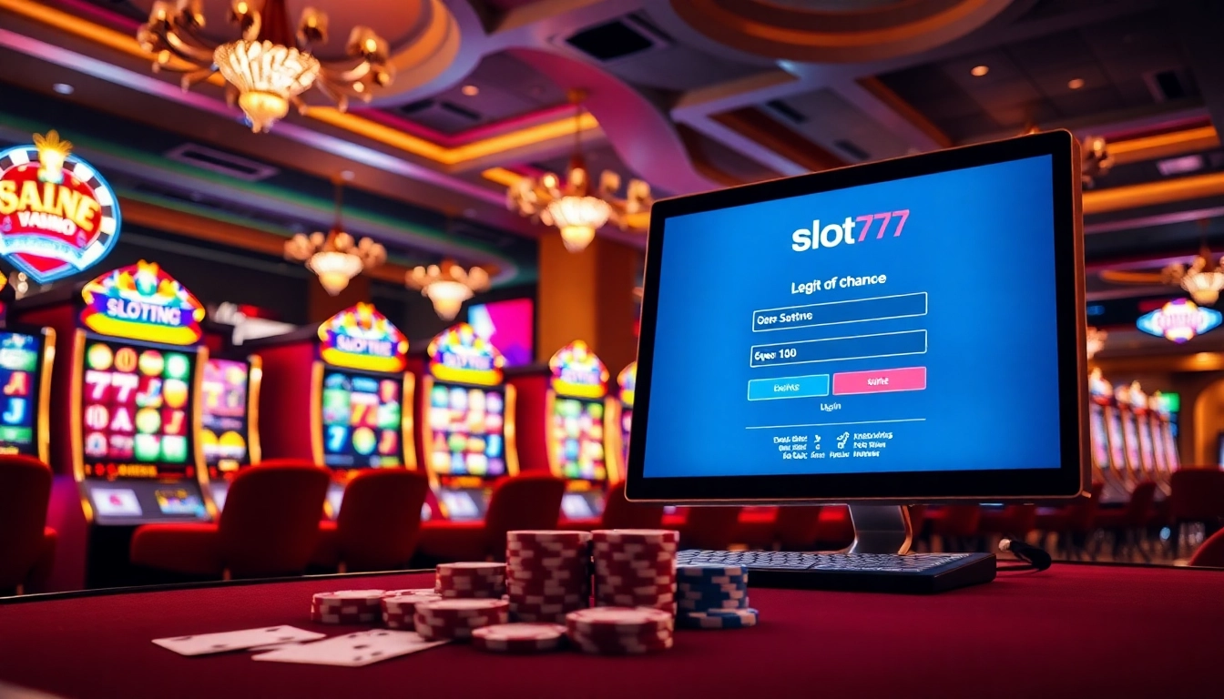 Engage with the vibrant Slot777 login experience amid colorful slot machines and gaming excitement.