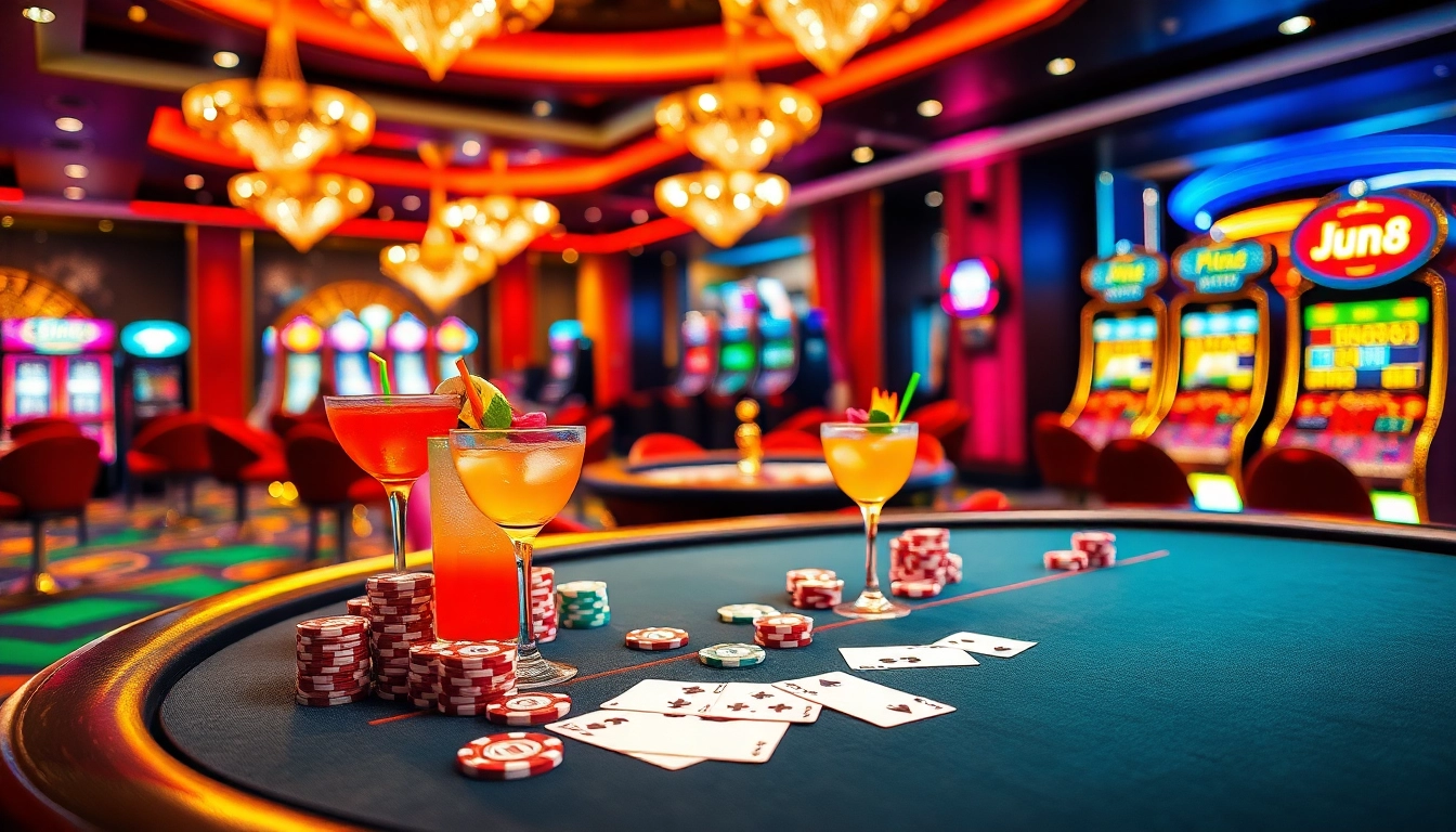 Experience the excitement of Jun 88 casino with poker tables, slot machines, and vibrant gaming decor.